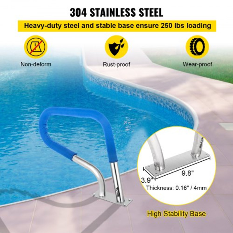 Stainless Steel Pool Handrail 250LBS Load Capacity Rustproof Silver Pool Railing With Blue Grip Cov 3