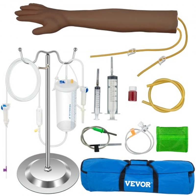Dark Skin IV Practice Kit, Phlebotomy Training Arm with Infusion Stand for Venipuncture, IV Injection, and Blood Draw