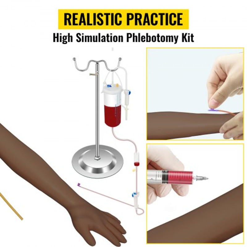 Dark Skin IV Practice Kit, Phlebotomy Training Arm with Infusion Stand for Venipuncture, IV Injection, and Blood Draw