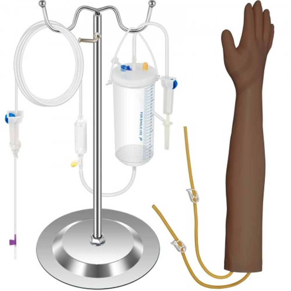 Dark Skin IV Practice Kit, Phlebotomy Training Arm with Infusion Stand for Venipuncture, IV Injection, and Blood Draw
