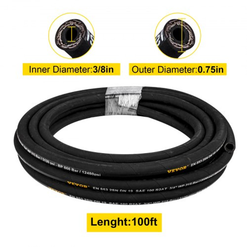100 ft Coiled Hydraulic Hose 3/8 Inch, 4800 PSI High-Pressure Rubber Hydraulic Hose with 2 Steel Wire Braid