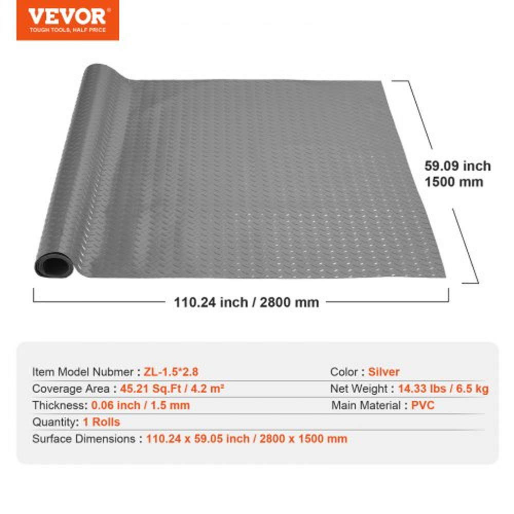 VEVOR Garage Floor Mat 49x92 Ft Vinyl Garage Flooring Roll AntiSlide Diamond Texture Silver Garage 7