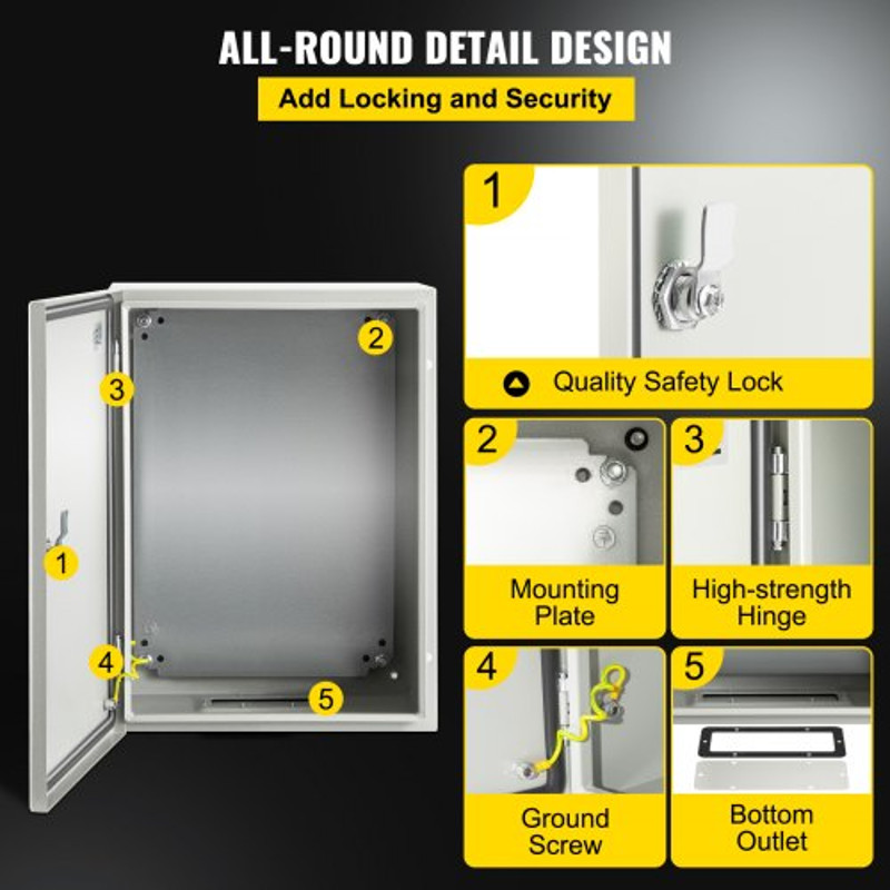 NEMA Steel Electrical Box, IP Rated Waterproof & Dustproof Junction Enclosure with Lock, Hinge & Mounting Plate