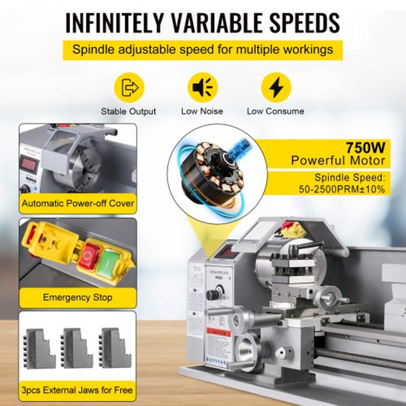 Mini Metal Lathe with Brushless Motor, Precision Metal Working Lathe, 2500 RPM Variable Speed Bench Machine