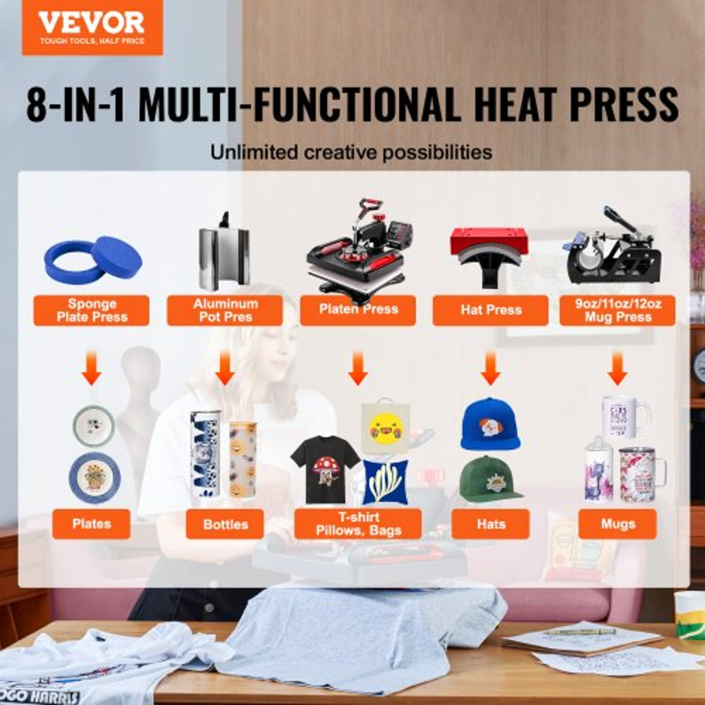 8-in-1 Heat Press Machine 12"x15", Dual-Tube Sublimation Press with 360° Swing Away for T-Shirts, Caps & Mugs