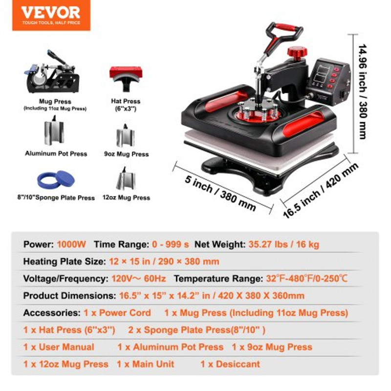 8-in-1 Heat Press Machine 12"x15", Dual-Tube Sublimation Press with 360° Swing Away for T-Shirts, Caps & Mugs