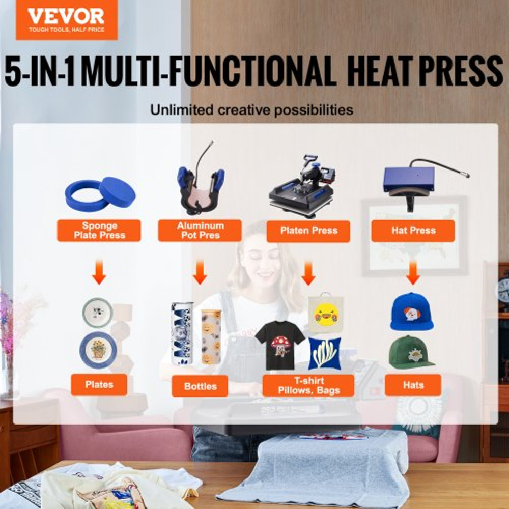 15x15 5in1 Heat Press Machine Digital Control Sublimation Printer For TShirts Hats Mugs  Plates 2