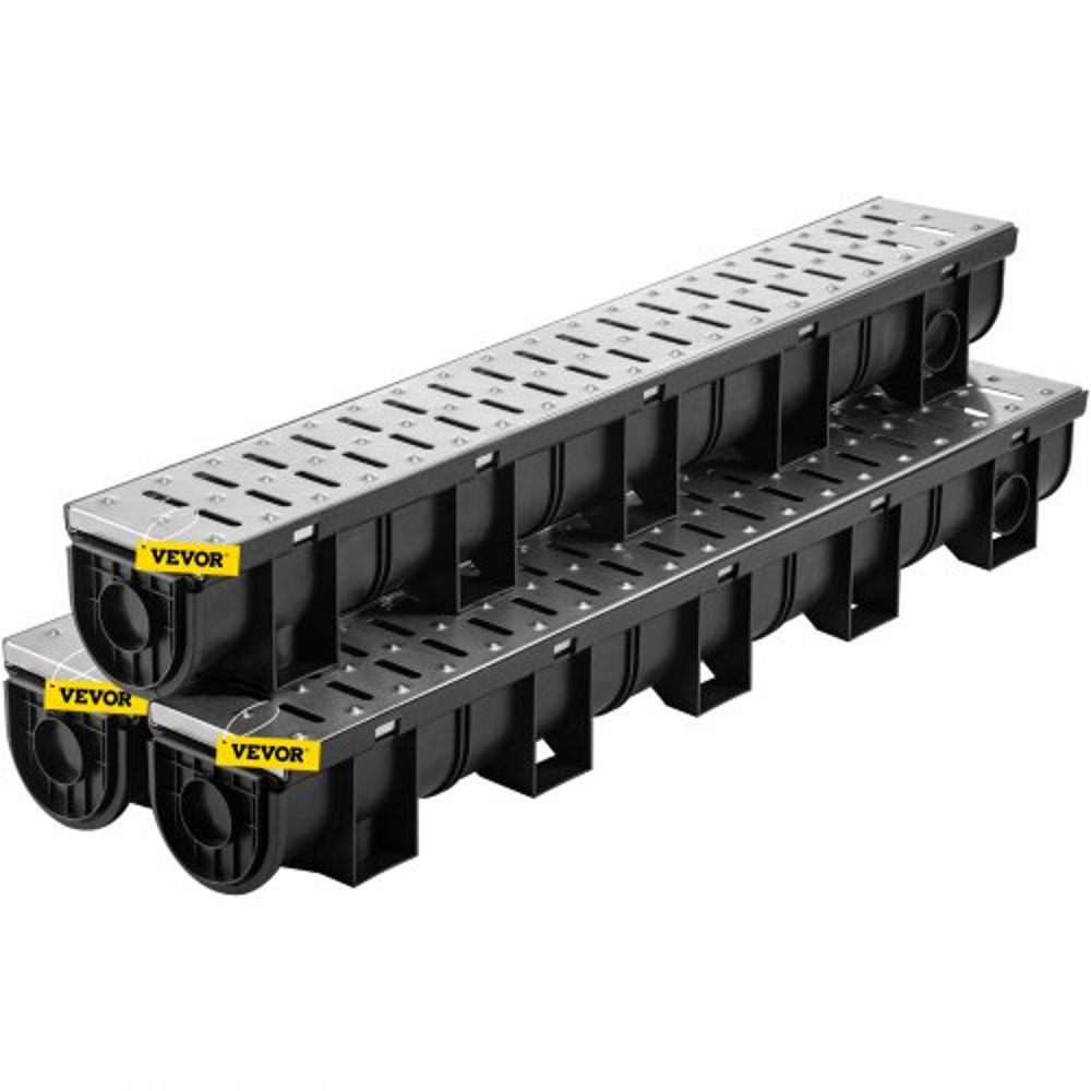 Trench Drain System with Steel Grate, Heavy-Duty HDPE Channel Drain for Garage, Garden, Driveway