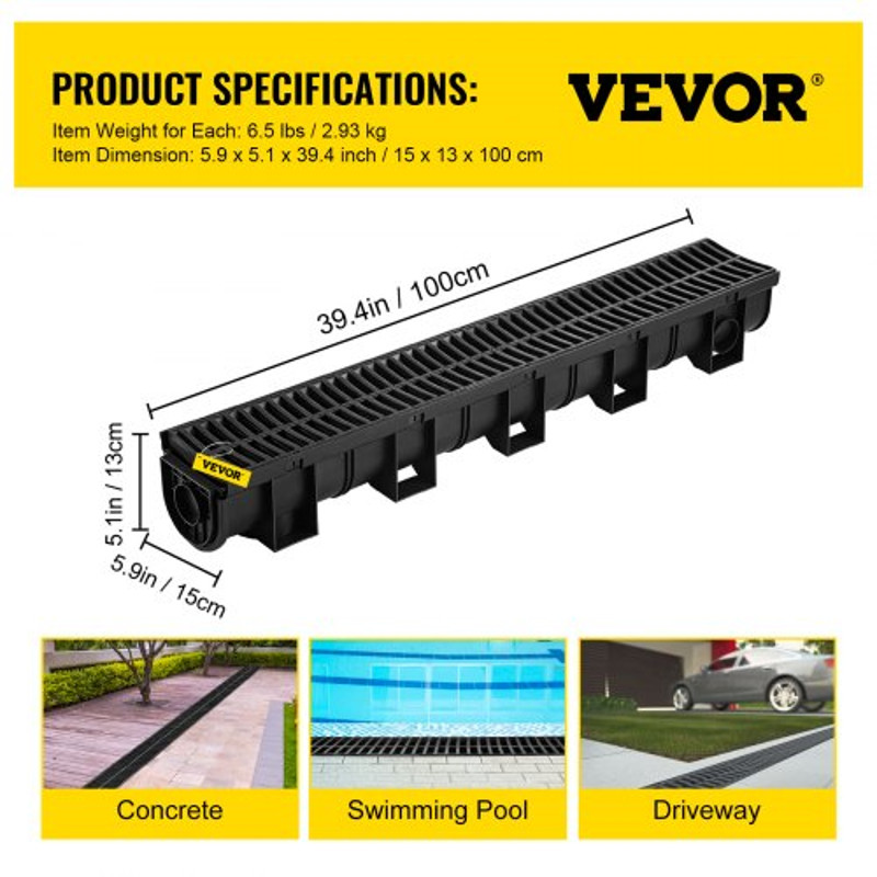 Channel Drain with Plastic Grate, HDPE Trench Drain System for Garden, Driveway, Garage, or Patio, Plastic Floor Drain