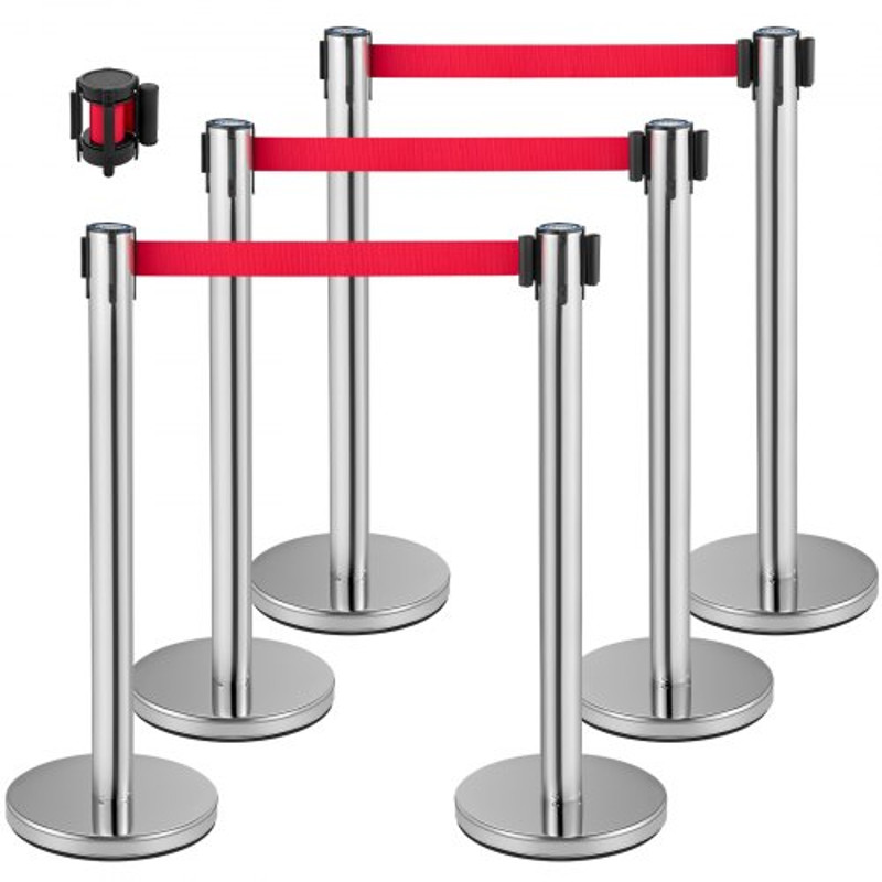 Crowd Control Stanchion, Retractable Barrier with Red Belt & Rubber Base for Event and Venue Queuing