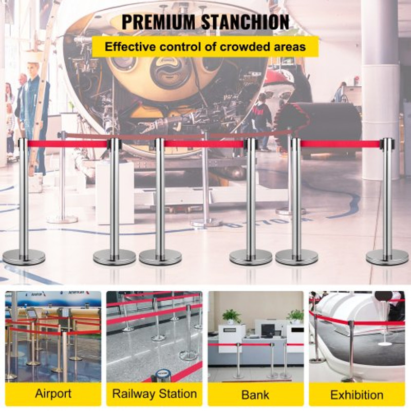 Crowd Control Stanchion, Retractable Barrier with Red Belt & Rubber Base for Event and Venue Queuing
