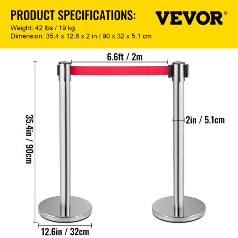 Crowd Control Stanchion, Retractable Barrier with Red Belt & Rubber Base for Event and Venue Queuing