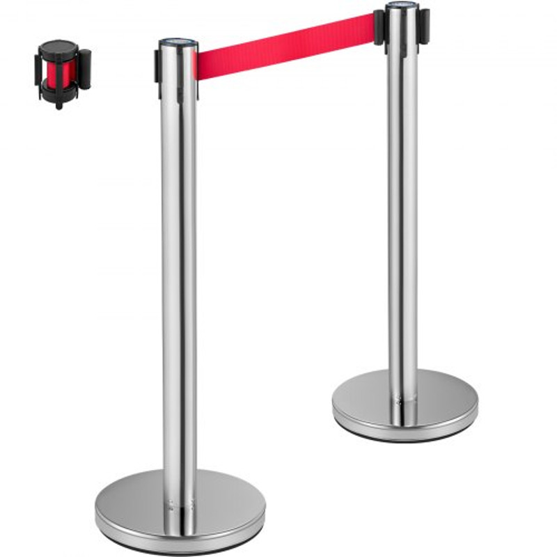 Crowd Control Stanchion, Retractable Barrier with Red Belt & Rubber Base for Event and Venue Queuing