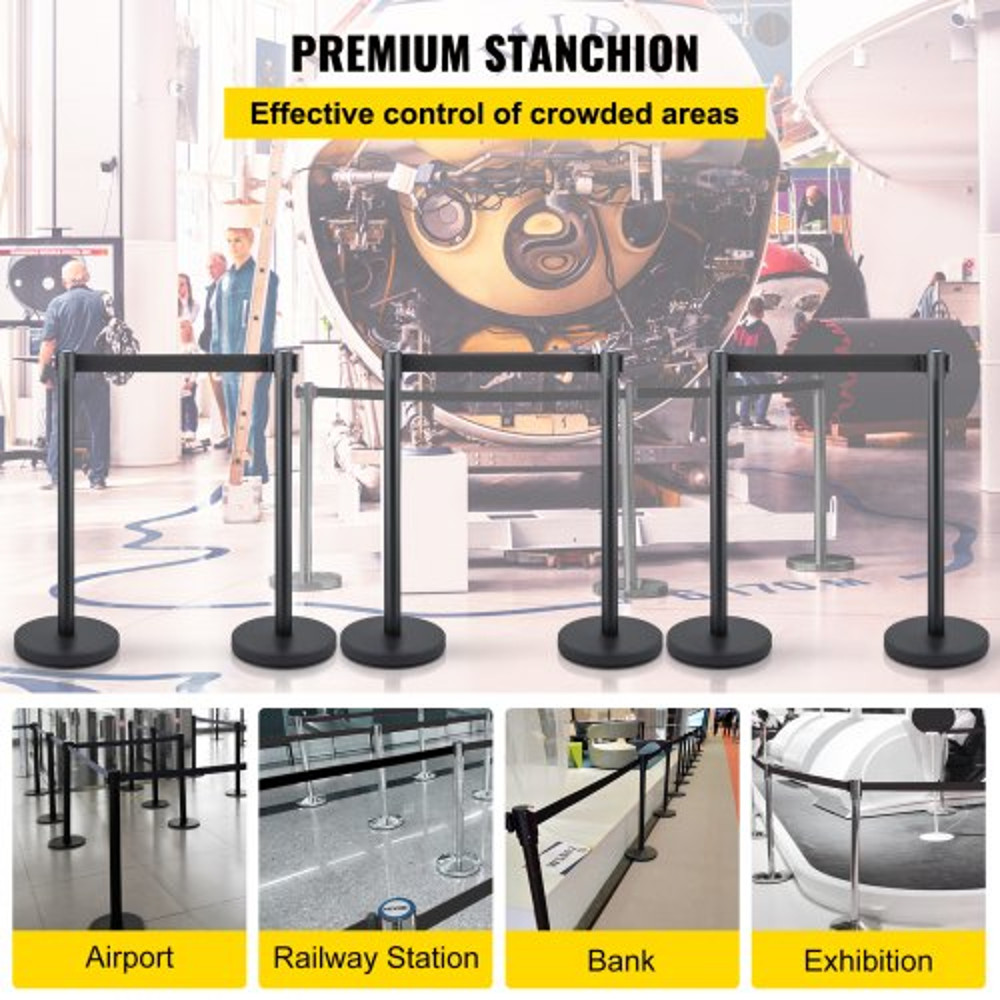 Crowd Control Stanchion Set, Retractable Black Belts & Stable Weighted Bases, Durable Queue Barrier System