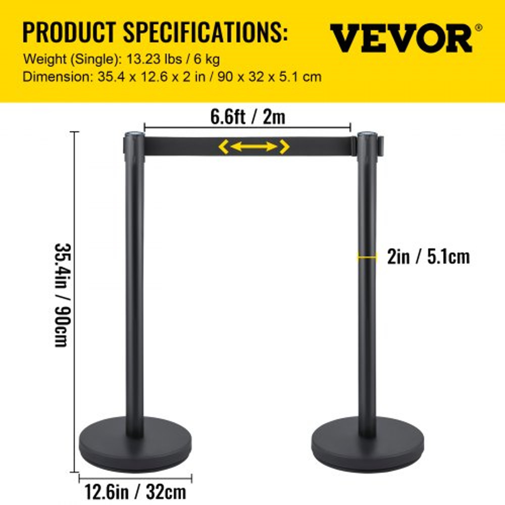 Crowd Control Stanchion Set, Retractable Black Belts & Stable Weighted Bases, Durable Queue Barrier System