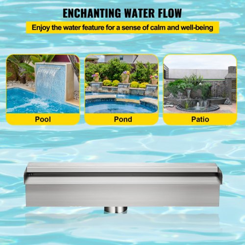 Pool Fountain Stainless Steel Pool Waterfall Spillway with Pipe Connector, Rectangular Cascade Water Feature