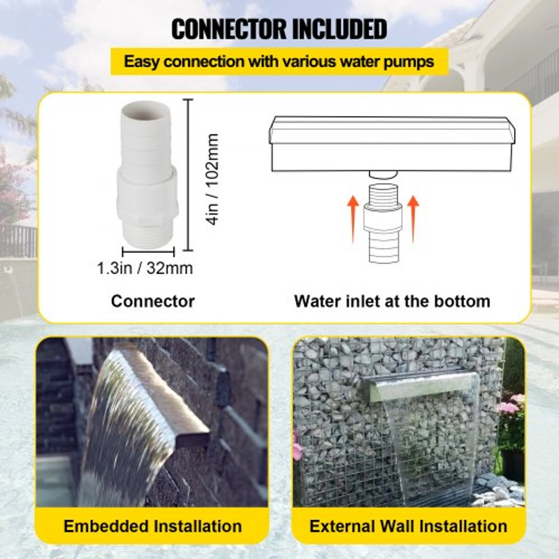 Pool Fountain Stainless Steel Pool Waterfall Spillway with Pipe Connector, Rectangular Cascade Water Feature