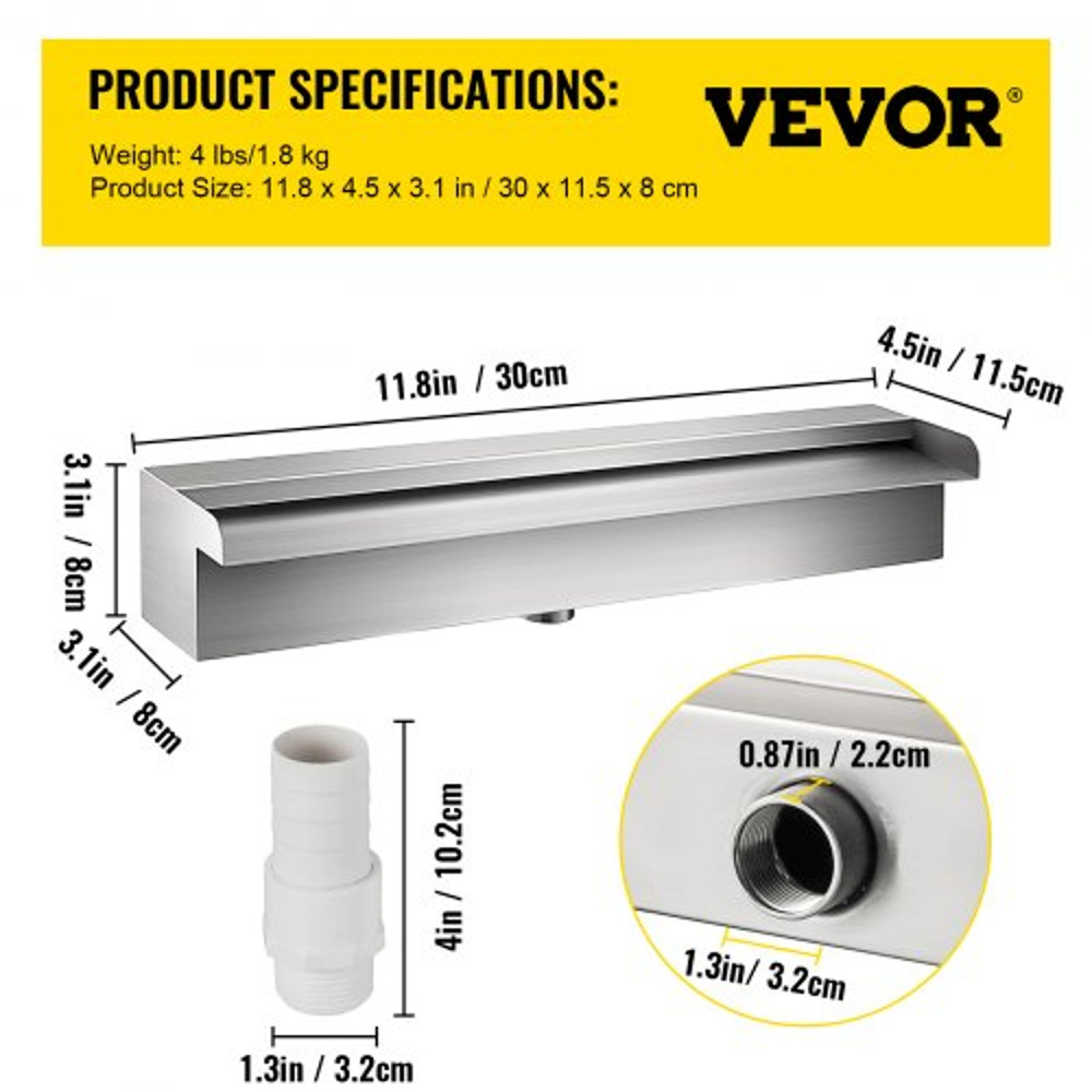 Pool Fountain Stainless Steel Pool Waterfall Spillway with Pipe Connector, Rectangular Cascade Water Feature