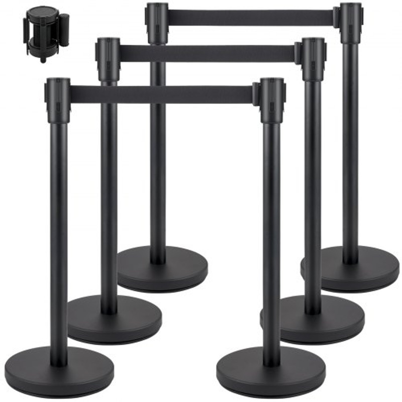 Crowd Control Stanchion Set, Black Queue Barrier with Retractable Belts & Heavy-Duty Base for Events, Airports, Theaters