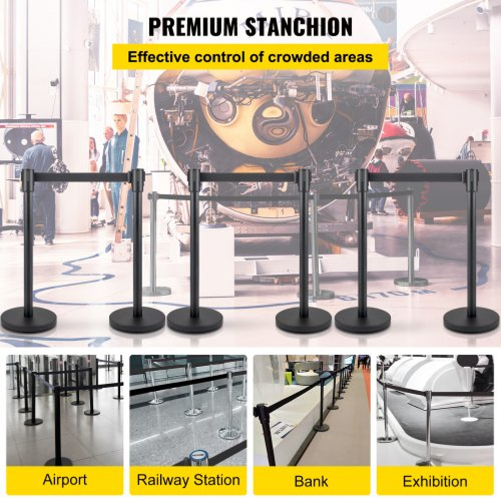 Crowd Control Stanchion Set, Black Queue Barrier with Retractable Belts & Heavy-Duty Base for Events, Airports, Theaters