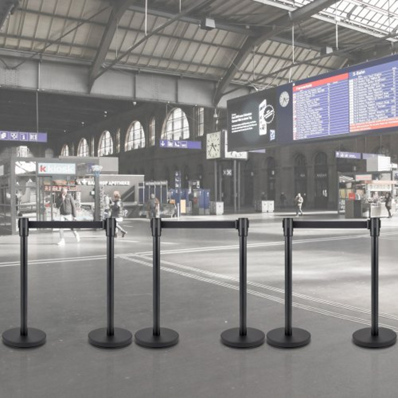 Crowd Control Stanchion Set, Black Queue Barrier with Retractable Belts & Heavy-Duty Base for Events, Airports, Theaters