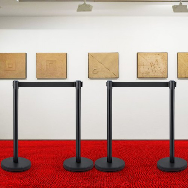 Black Crowd Control Stanchion Set 4Piece W66 Ft Retractable Belts ConcreteFilled Base For Easy Conn 0