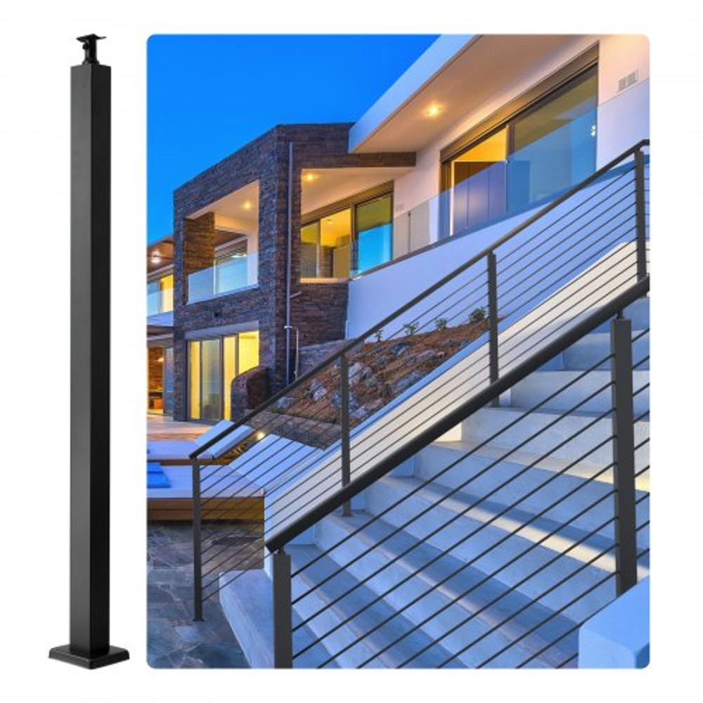 42" Stainless Steel Cable Handrail Post, Holeless Deck Railing with Mount Brackets | Brushed Black Finish