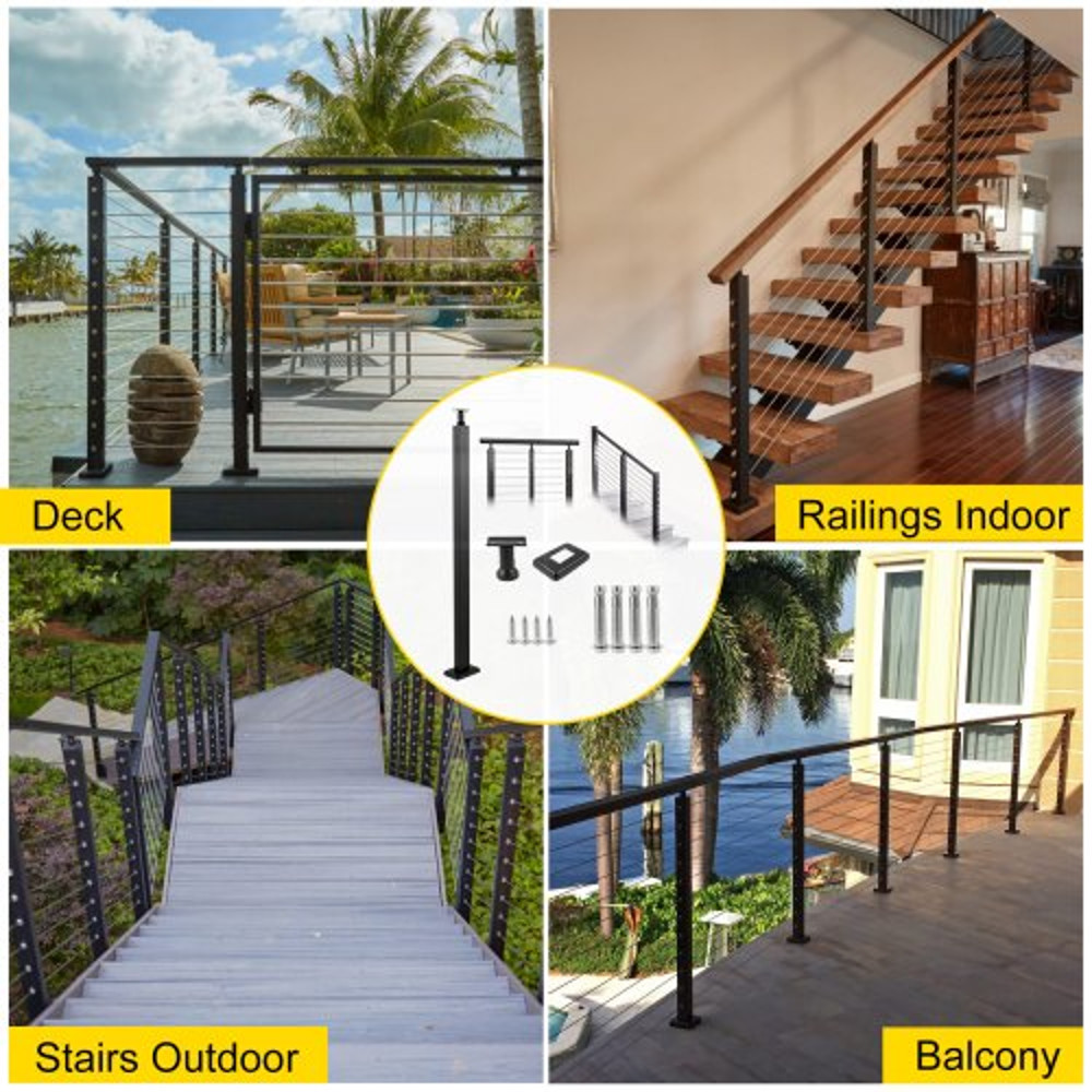 42" Stainless Steel Cable Handrail Post, Holeless Deck Railing with Mount Brackets | Brushed Black Finish