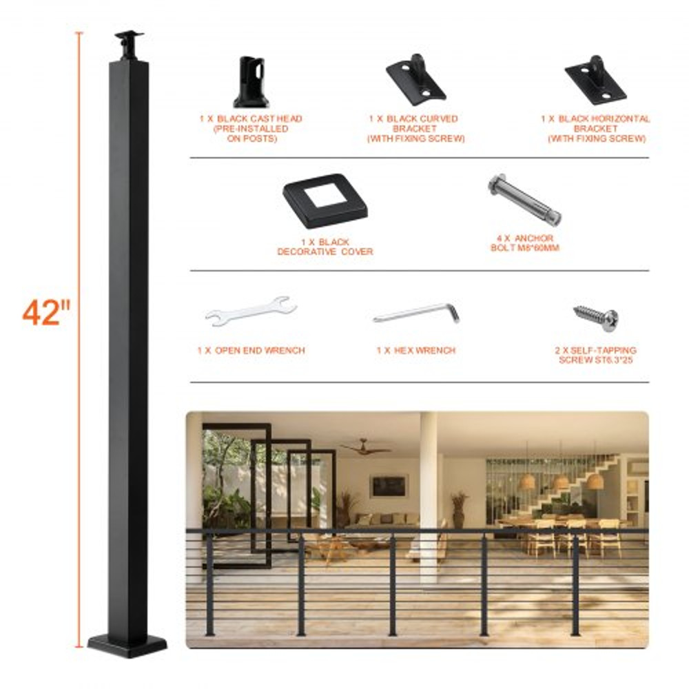42" Stainless Steel Cable Handrail Post, Holeless Deck Railing with Mount Brackets | Brushed Black Finish