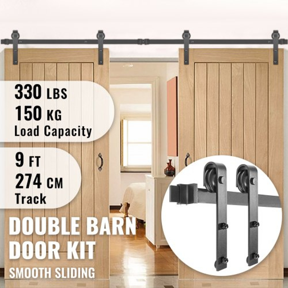 Heavy-Duty Sliding Barn Door Hardware Kit for Double Doors, Carbon Steel Track, 330LBS Load Capacity
