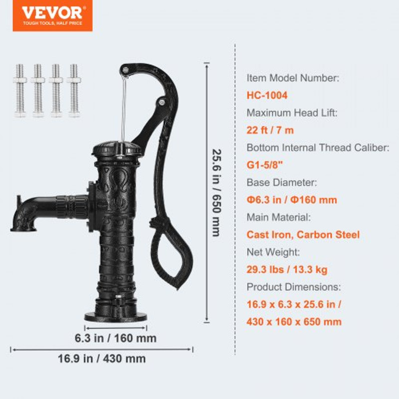 Hand Water Pump, Cast Iron Pitcher Pump w/Handle for Yard, Garden, Ponds, Old Fashion Well Pump with Pre-set Holes