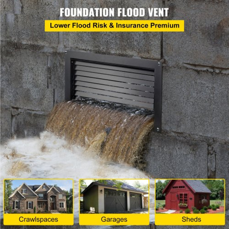Foundation Flood Vent, Wall Mounted Black Steel Flood Vent for Garages, Crawlspaces & Full Height Enclosures
