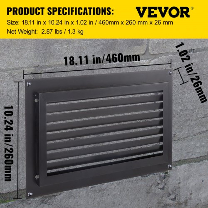 Foundation Flood Vent, Wall Mounted Black Steel Flood Vent for Garages, Crawlspaces & Full Height Enclosures