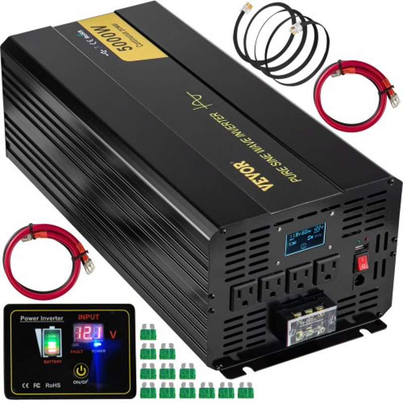 Pure Sine Wave Inverter AC, Car Power Converter with LCD, USB, Remote Control for RV, Truck, Home, Solar Backup