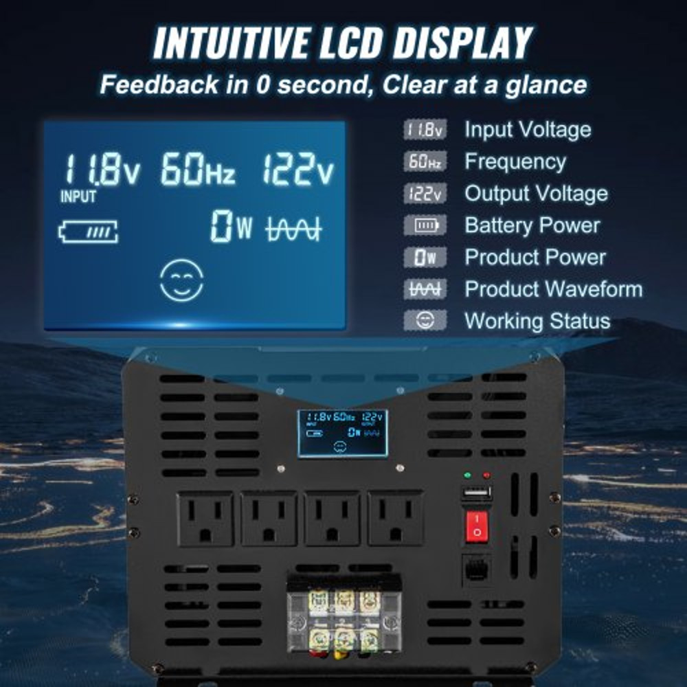 Pure Sine Wave Inverter AC, Car Power Converter with LCD, USB, Remote Control for RV, Truck, Home, Solar Backup