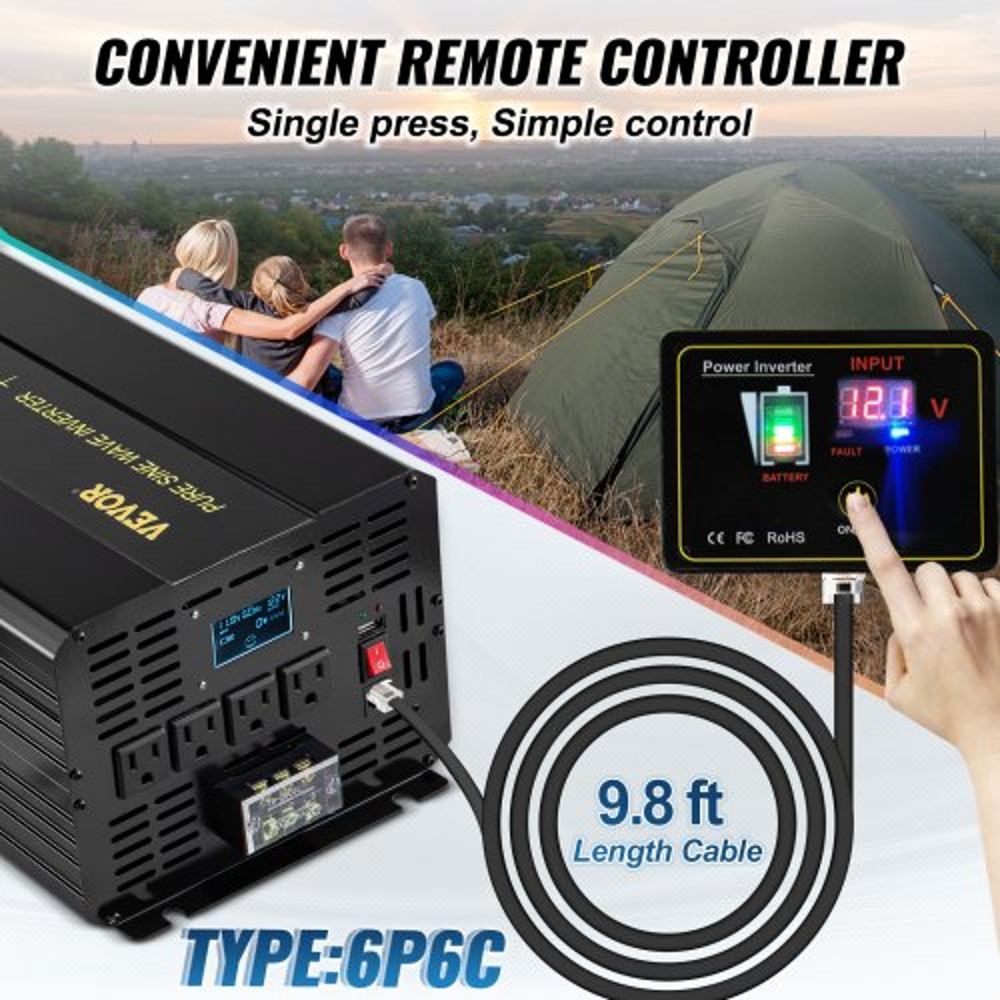 Pure Sine Wave Inverter AC, Car Power Converter with LCD, USB, Remote Control for RV, Truck, Home, Solar Backup