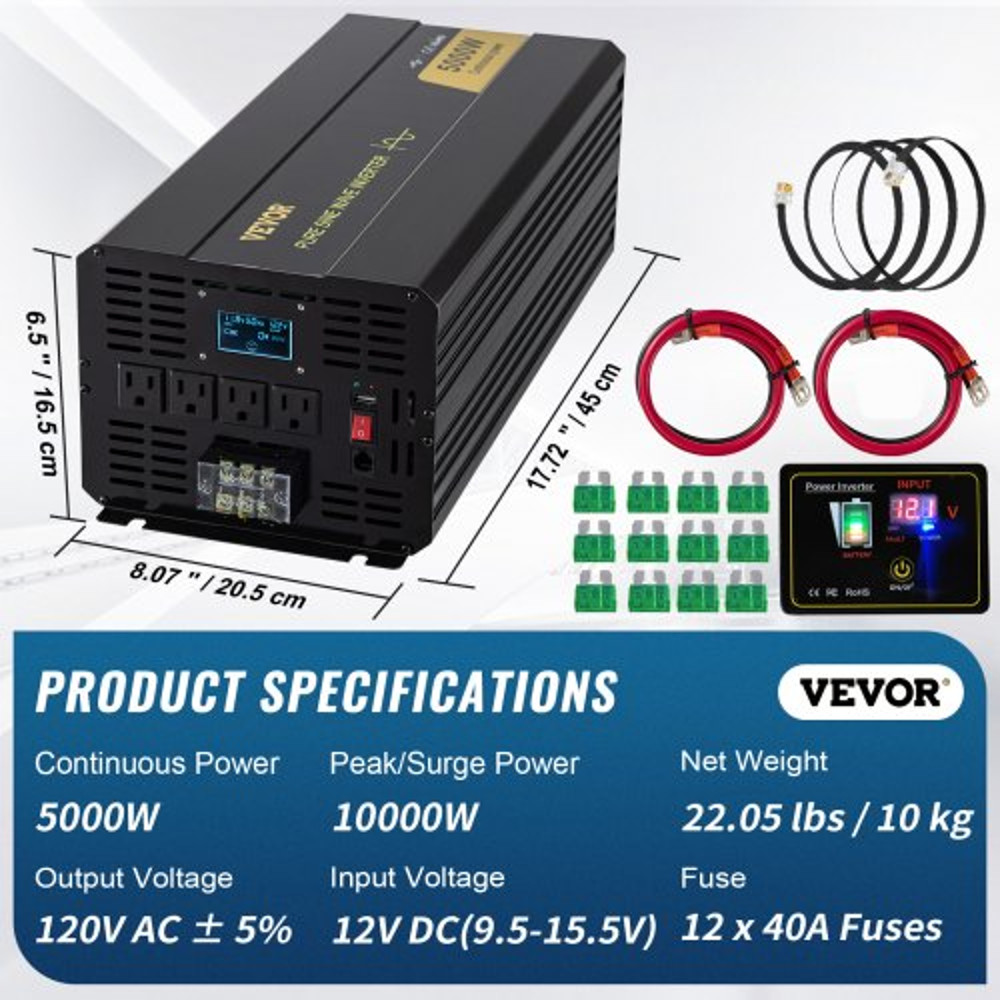 Pure Sine Wave Inverter AC, Car Power Converter with LCD, USB, Remote Control for RV, Truck, Home, Solar Backup