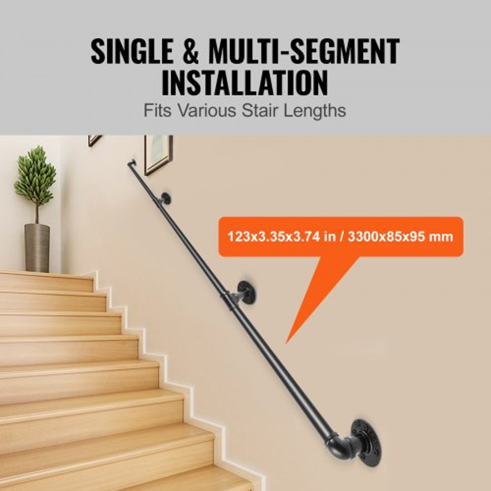 Pipe Stair Handrail, Industrial Carbon Steel Staircase Handrail with Wall Mount Support, 440LBS Load Capacity for Indoor