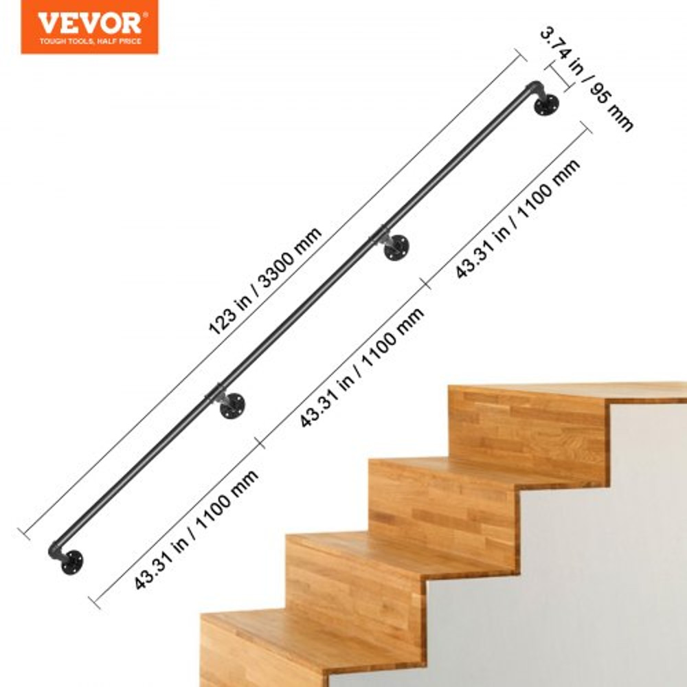 Pipe Stair Handrail, Industrial Carbon Steel Staircase Handrail with Wall Mount Support, 440LBS Load Capacity for Indoor