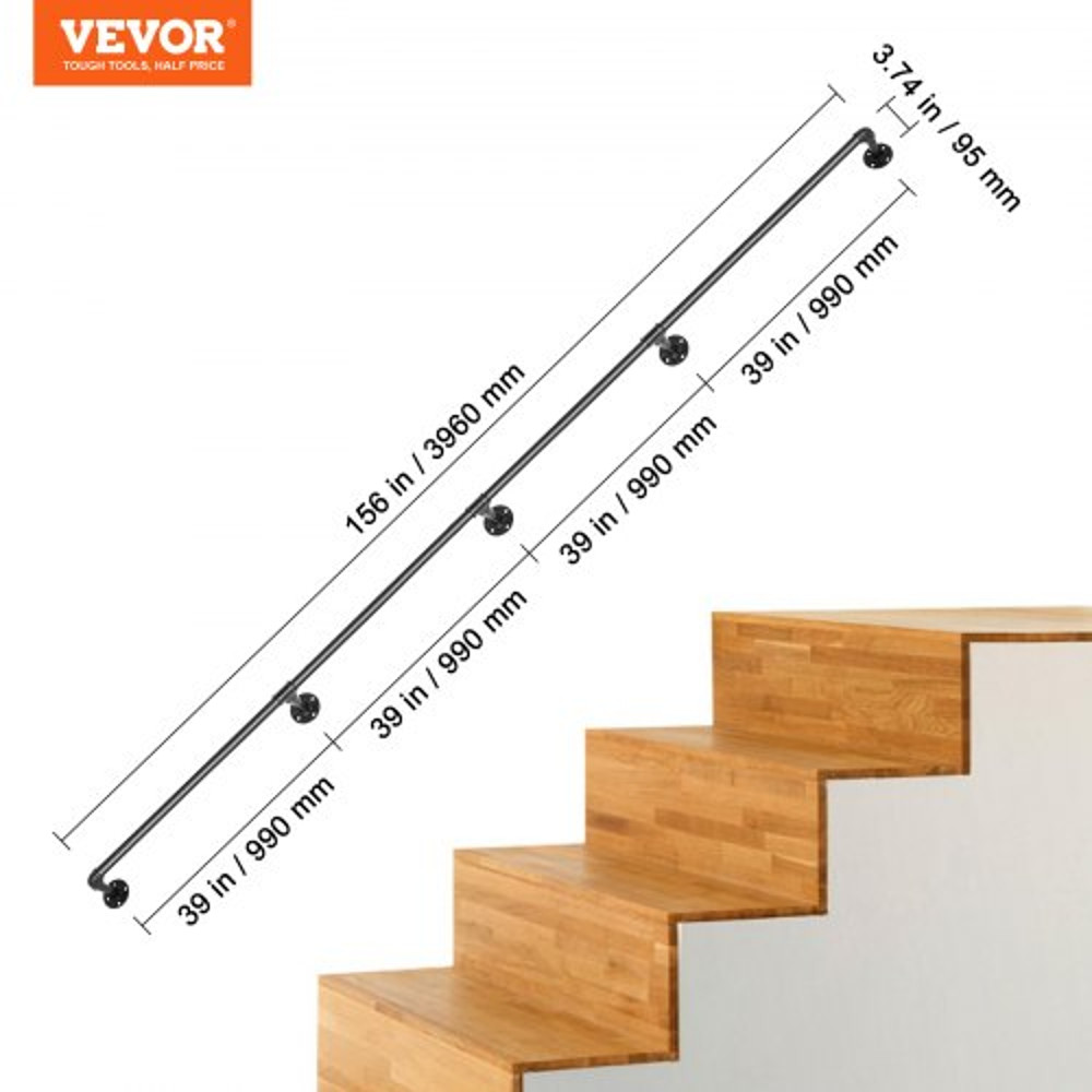 Industrial Pipe Stair Handrail, Heavy-Duty 440LBS Wall Mount Carbon Steel Staircase Handrail for Indoor & Outdoor