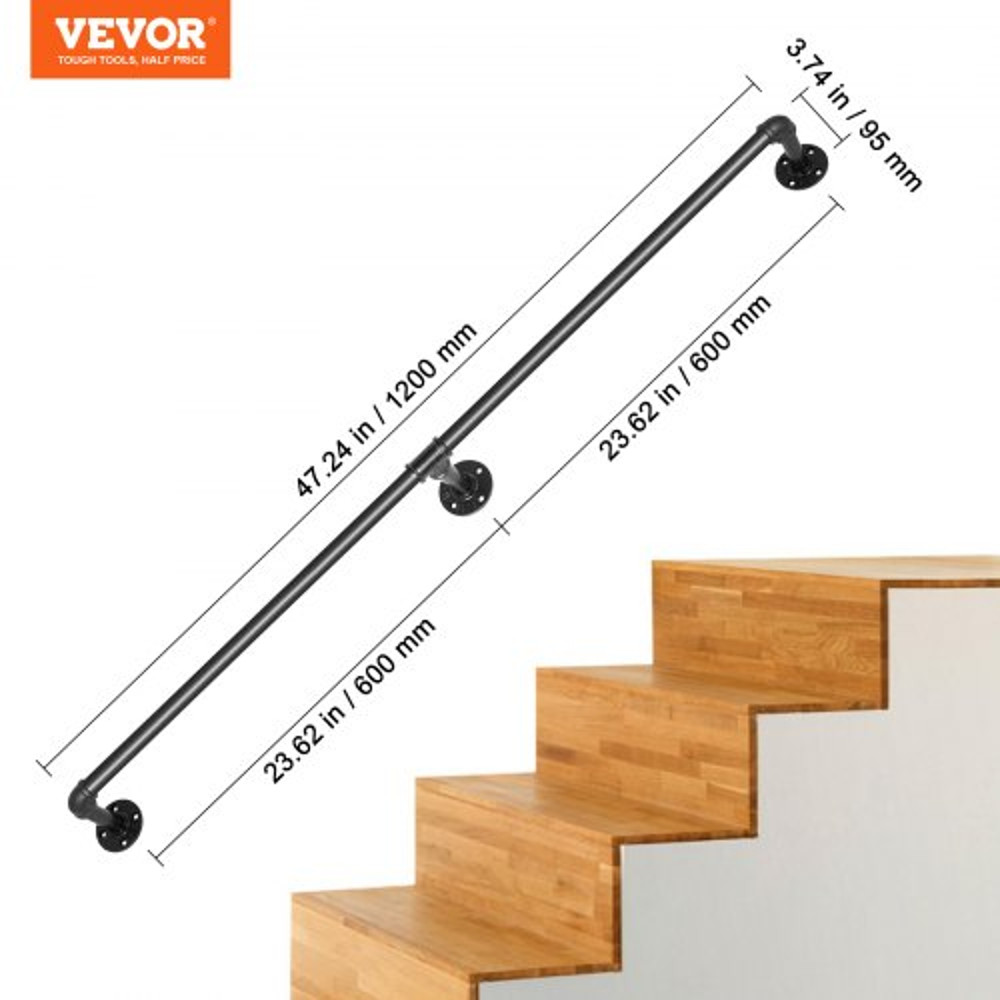 Industrial Staircase Handrail, Carbon Steel Pipe Handrail with Wall Mount Brackets, 440LBS Capacity, Indoor Outdoor