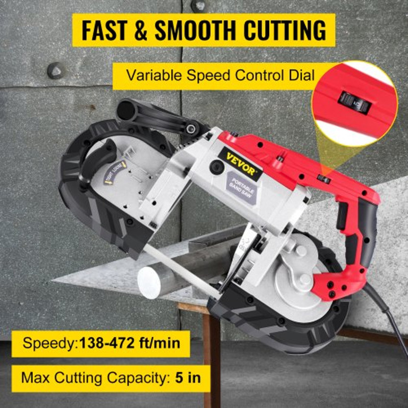 Variable-Speed 5" Deep Cut Portable Band Saw, 110V 10-Amp Motor | UL-Certified for Metal, Steel & Aluminum Cutting