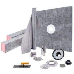 48" x 48" shower kit with stainless steel grate, includes 2 cuttable shower curbs, trowel & sloped shower pan