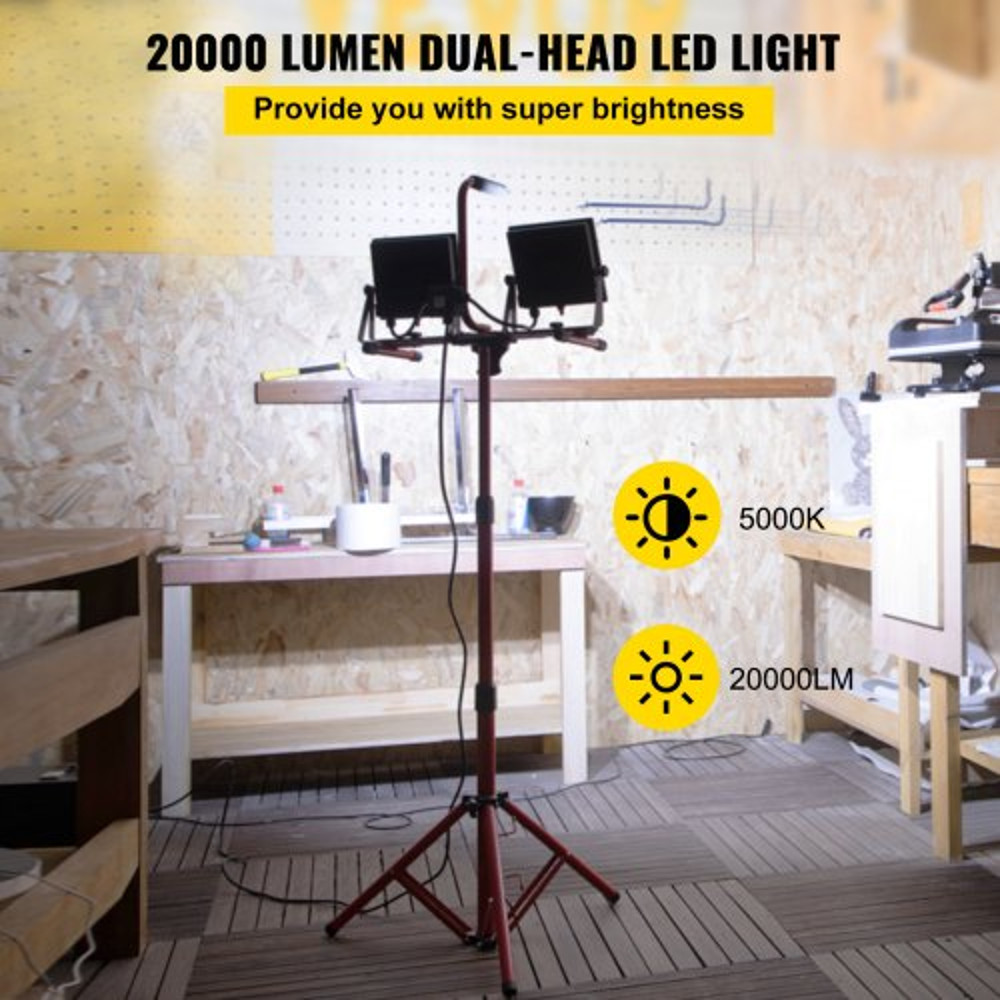 Dual-Head Lumen LED Work Light with Stand, Adjustable Tripod, Bright Light, IP65 Waterproofed LED Tripod Work Light
