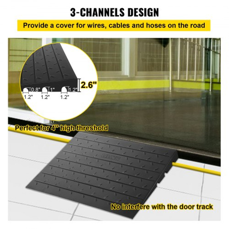 3 Channels Cord Cover Rubber Solid Threshold Ramp 2200Lbs Load Capacity Transition Ramp For Wheelch 3