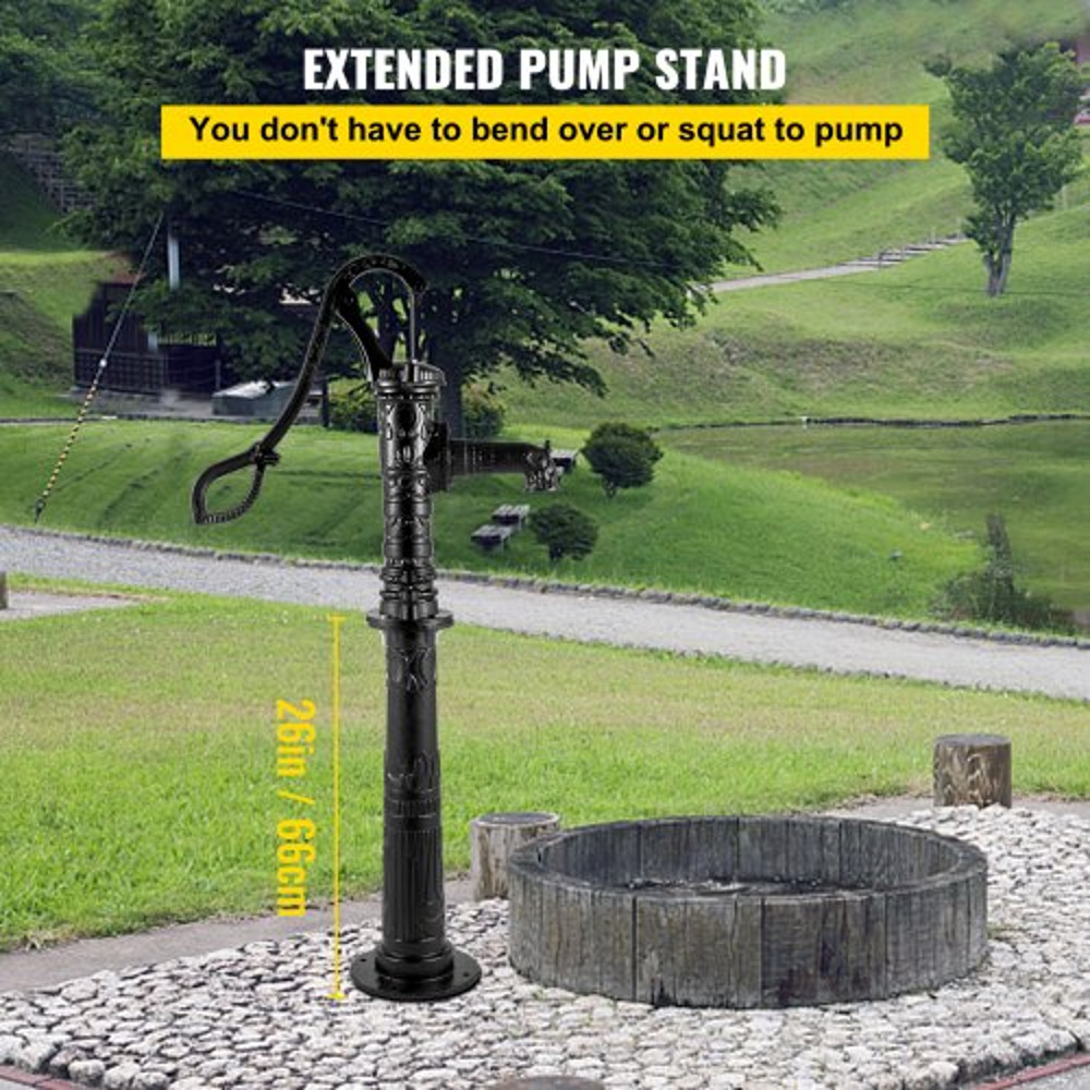 Rustic Cast Iron Hand Water Pump w/ Stand, Tall Pitcher Pump & Base for Garden, Yard, Farm, Easy Install with Holes