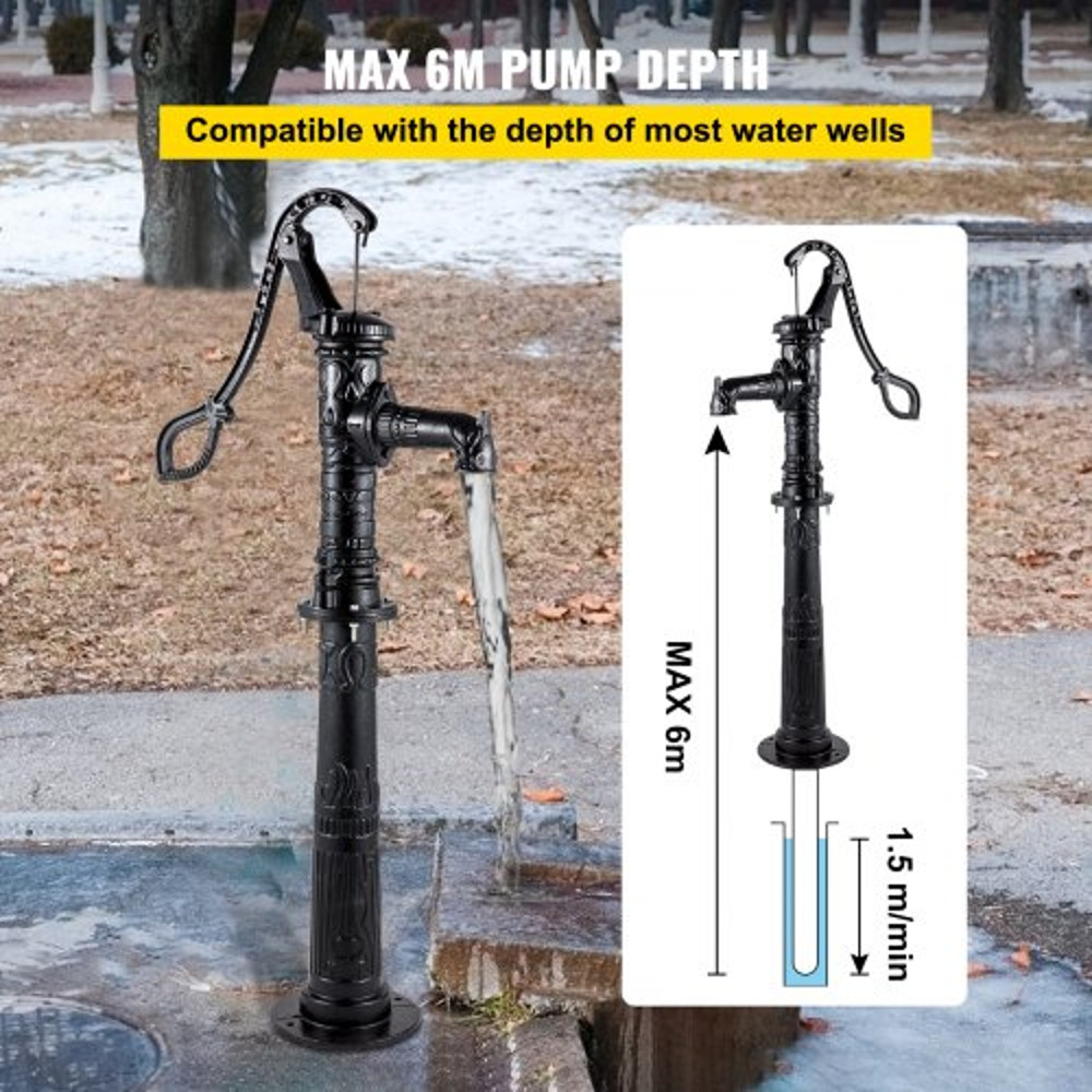 Rustic Cast Iron Hand Water Pump w/ Stand, Tall Pitcher Pump & Base for Garden, Yard, Farm, Easy Install with Holes