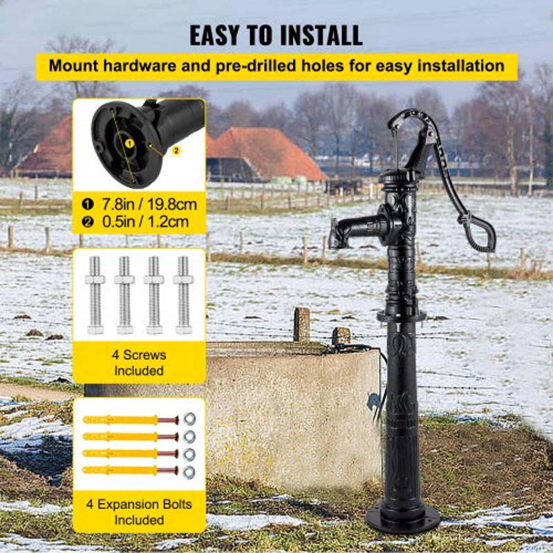 Rustic Cast Iron Hand Water Pump w/ Stand, Tall Pitcher Pump & Base for Garden, Yard, Farm, Easy Install with Holes