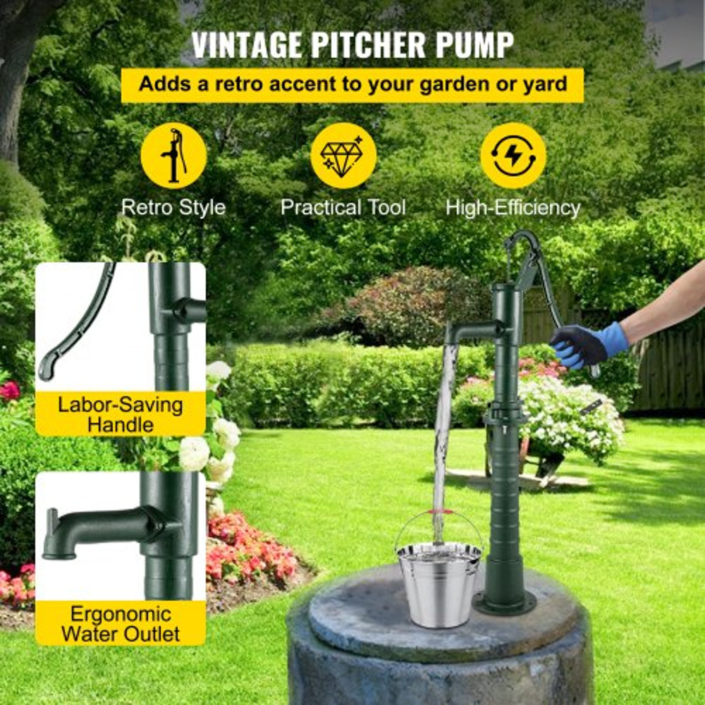 Rustic Cast Iron Hand Water Pump w/ Stand, Green Pitcher Pump for Garden, Yard, Farm Use, Pre-Set Holes for Fast Install
