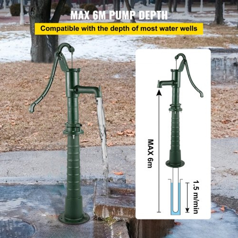 Rustic Cast Iron Hand Water Pump w/ Stand, Green Pitcher Pump for Garden, Yard, Farm Use, Pre-Set Holes for Fast Install